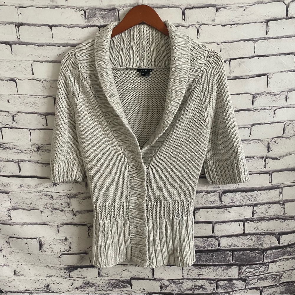 Theory Gray Shawl Chunky Knit Collar Linen Cardigan SZ M